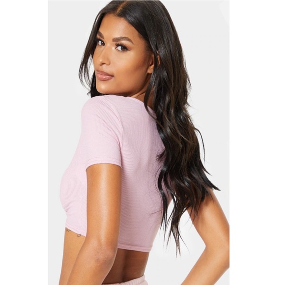 Baby Pink Rib Knot Front Short Sleeve Crop Top US0 NEW - Picture 4 of 8